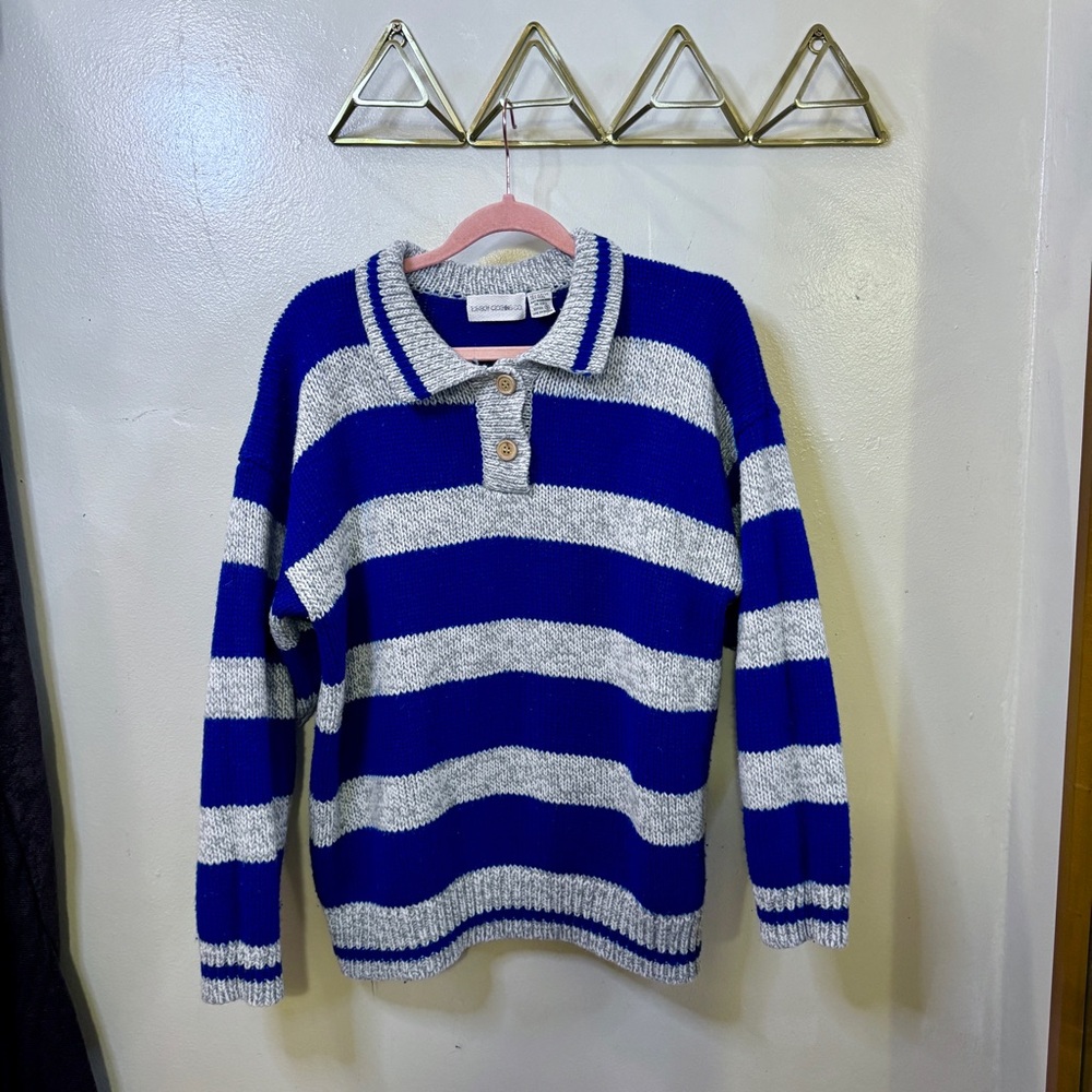 Vintage Sweater by Tomboy Clothing with Wooden Buttons in Cobalt Blue and Grey